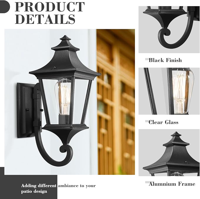 Emliviar Modern Outdoor Porch Light, 1-Light Exterior Wall Sconce with Clear Glass Shade, Black Finish, XE292UB BK