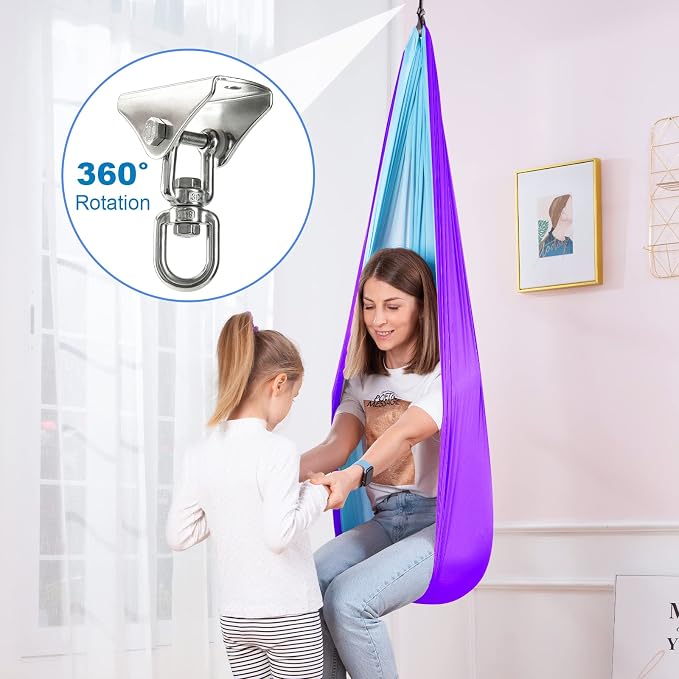 Therapy Swing Hammock Kids Cuddle Sensory Swing Indoor Therapeutic Hammock 360° Rotating Double Layer Elastic Rocking Cloth Swing Gifts for Children with ADHD SPD Asperger Autism (Purple+Sky Blue)