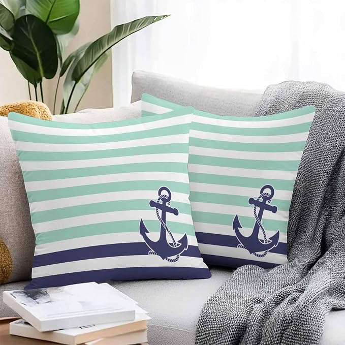 Throw Pillow Covers 18x18 Inch Set of 2, Anchor Aqua Waterproof Outdoor Cushion Covers, Modern Navy Blue White Striped Nautical Decorative Pillowcases for Couch, Sofa, Bed, Garden, Patio