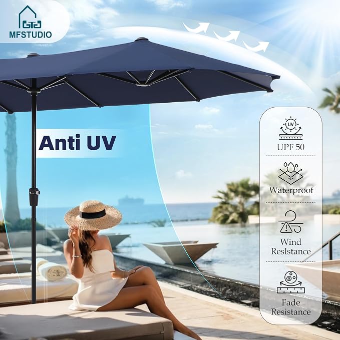 MFSTUDIO Outdoor Dining Set for 6, Patio Furniture Set with Navy Umbrella (Base not Included), Outdoor Metal Table and Light Grey Swivel Chairs Set for Patio, Deck, Backyard, Garden