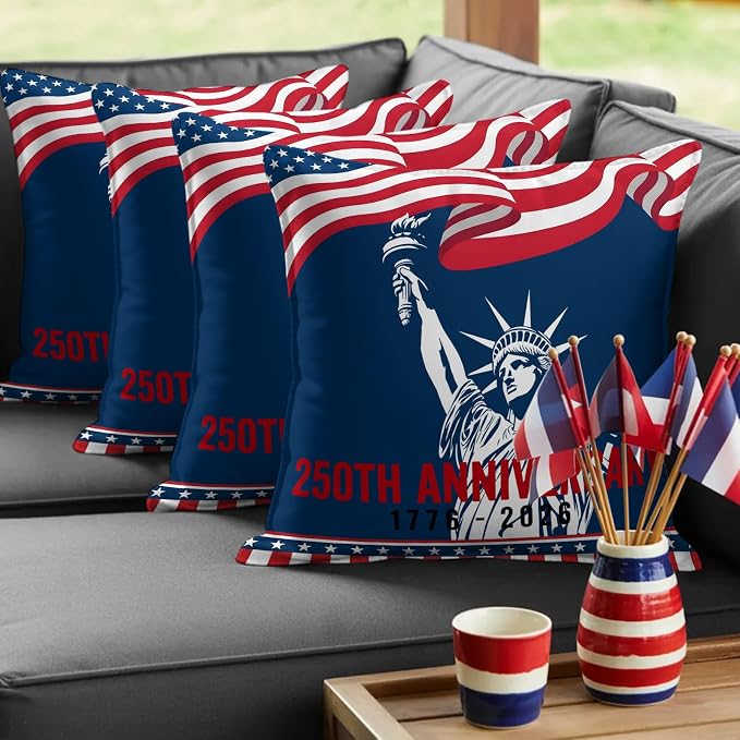 250th Anniversary Outdoor Pillow Covers 20"x20" Set of 2, Statue of Liberty Independence Day Waterproof Throw Pillow Covers for Patio Furniture, Decorative Cushion Covers for Porch