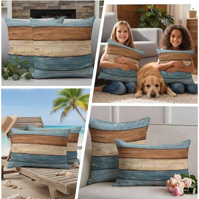 Farmhouse Blue Brown Outdoor Waterproof Pillow Covers, Vintage Wooden Striped Decorative Square Throw Pillowcase Sofa Cushion Sham for Patio/Couch/Chair, 16"x16" 2 Pack