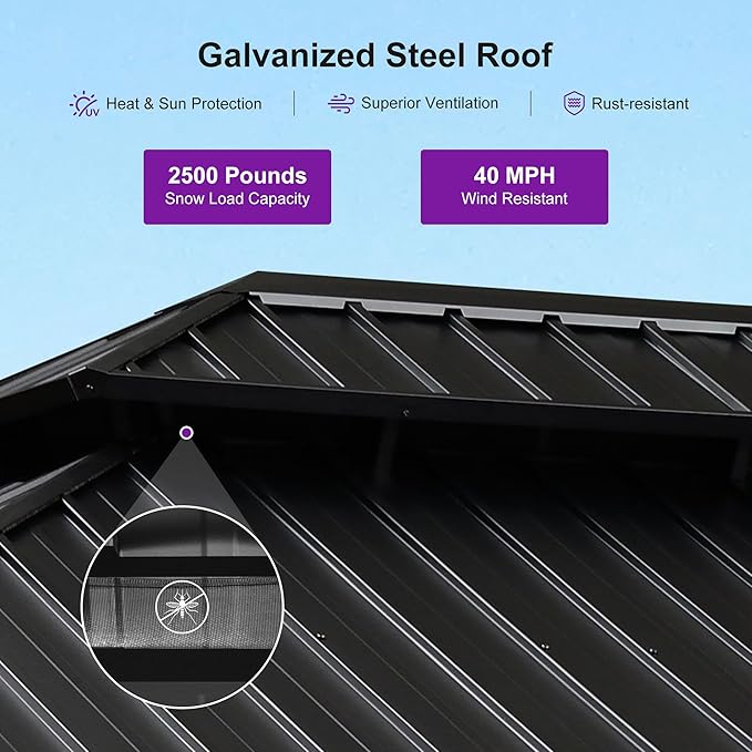 PURPLE LEAF 12' X 16' Outdoor Hardtop Gazebo for Patio Galvanized Steel Double Roof Permanent Canopy Aluminum Frame Pavilion Gazebo with Netting