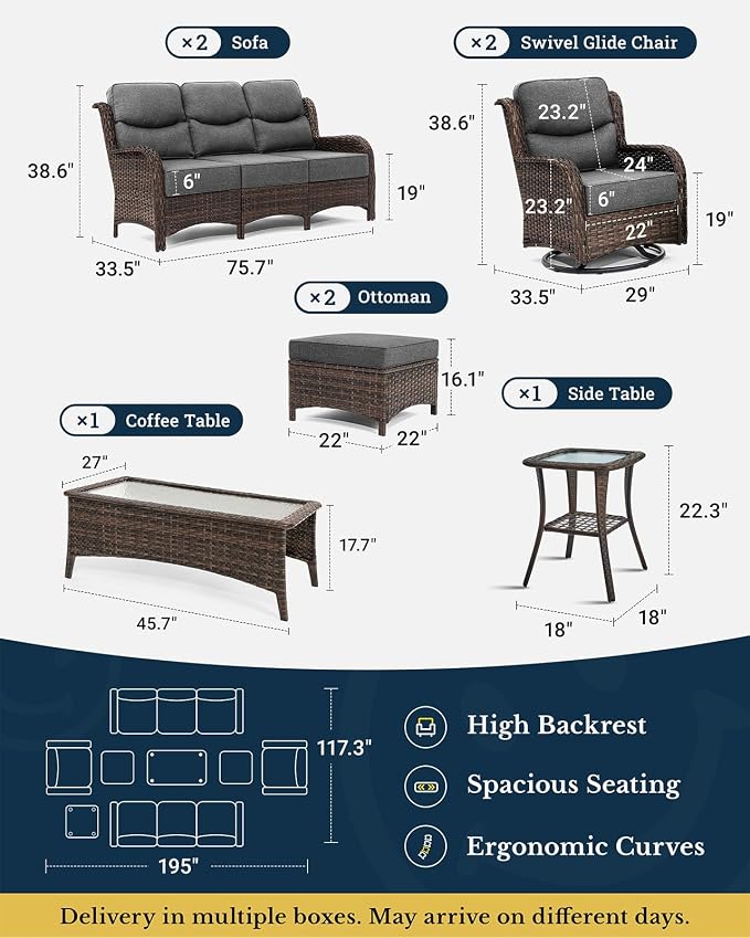 HILLGA 8-Piece Luxury Patio Furniture Set with 6" Thick Cushions, Weather-Resistant Wicker High Back Swivel Rocker Chairs, Senior-Friendly Outdoor Sofa Set for Large Deck, Yard and Poolside, Gray(V2)