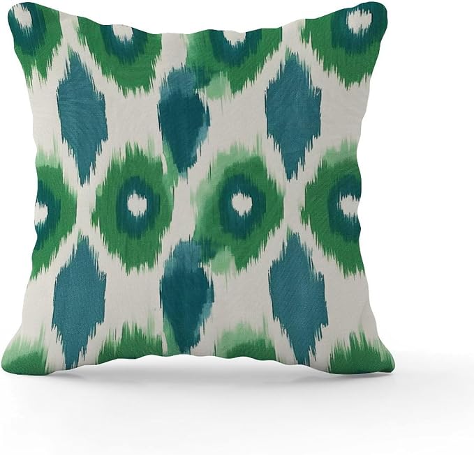 Green and Aqua Bukhara Ikat Cushion Cases Peacock Strip Print Throw Pillow Cover Rustic Outdoor Waterproof Decorative Pillow Cover for Patio Furniture Porch 16x16 in