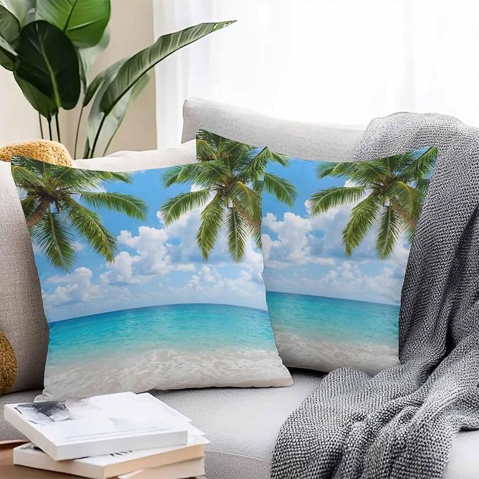 Yukro Tropical Beach Outdoor Waterproof Pillow Covers Pack of 2, Starfish Palm Tree Sky Coastal Throw Pillowcases Decorative Cushion Covers for Garden Patio Tent Sofa Couch, 26x26 inch