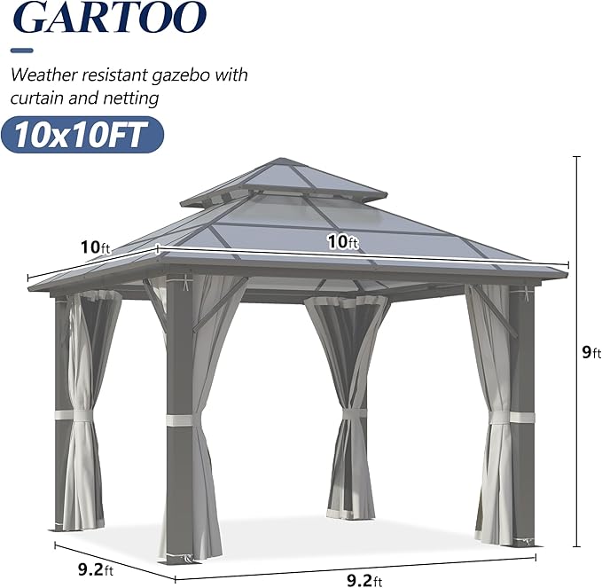 GARTOO 10x10FT Polycarbonate Hardtop Gazebo with Double Roof - Heavy-Duty Steel Frame Gazebo with Breathable Netting & Privacy Curtain for Patio, Porch, Garden, Lawn, Deck, Backyard