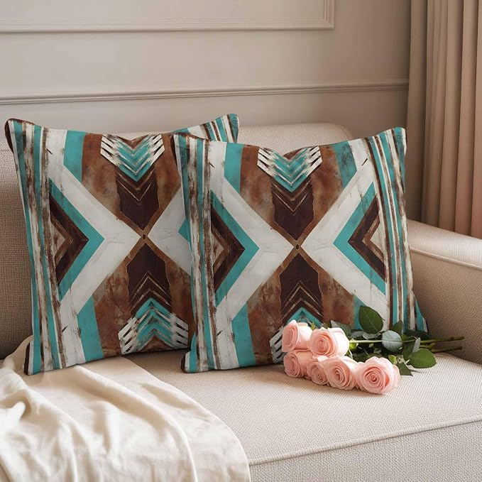 Aztec Southwestern Outdoor Pillow Covers 18"x18" Set of 2, Vintage Abstract Brown Turquoise Diamond Waterproof Throw Pillow Covers for Patio Furniture, Decorative Cushion Covers for Porch