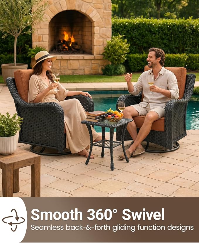 9 Pieces Outdoor Furniture Set with 6-inch Cushions, High Back Wicker Swivel Rocker Chairs with Coffee Table, Luxury Conversation Set for Deck Patio and Poolside