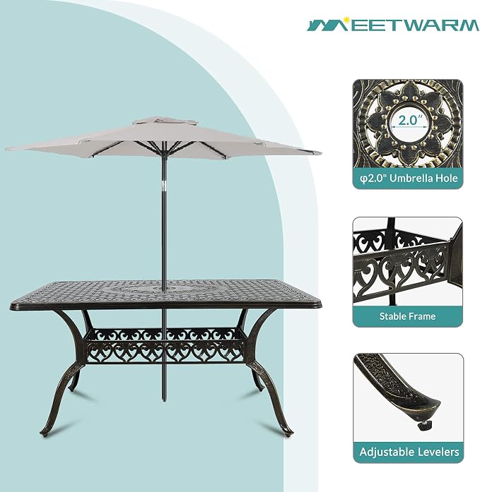 MEETWARM 7-Piece Outdoor Patio Dining Set, All-Weather Cast Aluminum Patio Conversation Set with 4 Stationary, 2 Swivel Rocker Chairs, 1 Rectangular Table, 6 Cushions, 2" Umbrella Hole
