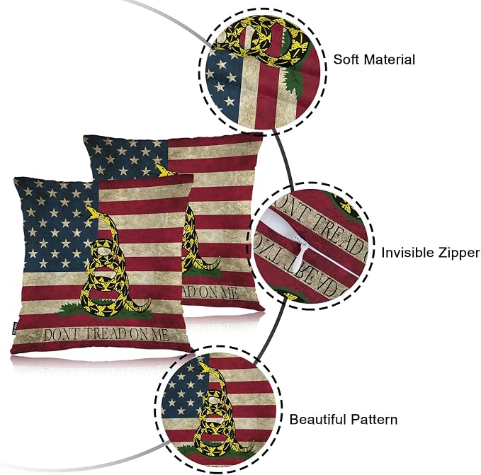 Swono Couch Pillow Cover Set of 2 Don't Tread On Me, Vintage American Flag Snake Decorative Throw Pillowcase Cushion Cover 18 X 18 Inch Throw Pillows Covers for Sofa Bedroom Car Living Room