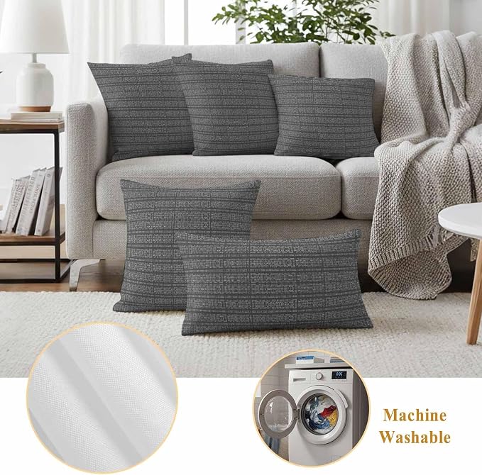 Outdoor Waterproof Throw Pillow Covers Set of 2 Grey Stripes Grain Pillowcases 16x16 Inches Solid Color Decorative Pillows Cushion Case Patio Pillows for Couch Bed Chair Garden