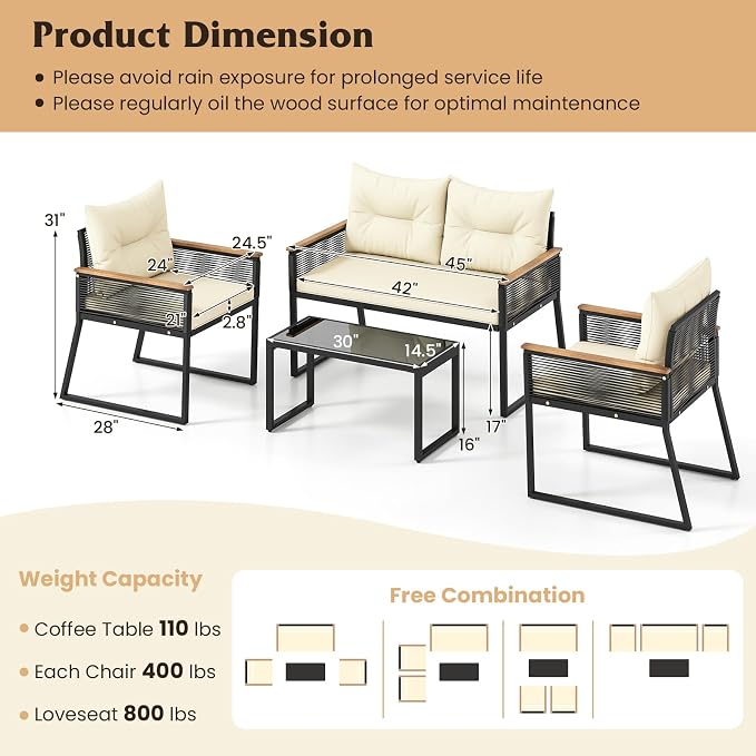 Tangkula 4 Pieces Patio Wicker Furniture Set, Heavy Duty Outdoor Cushioned Conversation Set with Tempered Glass Coffee Table, for Garden, Yard and Poolside (Off White,2)
