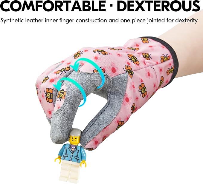 Vgo... 1-Pair Age 6-7 Kids Gardening Gloves,Children Yard Work Gloves,Soft Safety Outdoor Playing Gloves (Size L, Pink Bee, KID-MF7362)