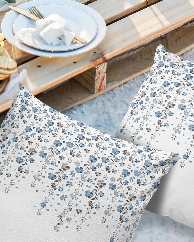 Floral Outdoor Pillow Covers Pack of 2, Blue and Grey Flowers Waterproof Pillow Covers Seasonal Spring Summer Throw Pillowcase for Patio Funiture Garden Tent, 16 x 16 inch