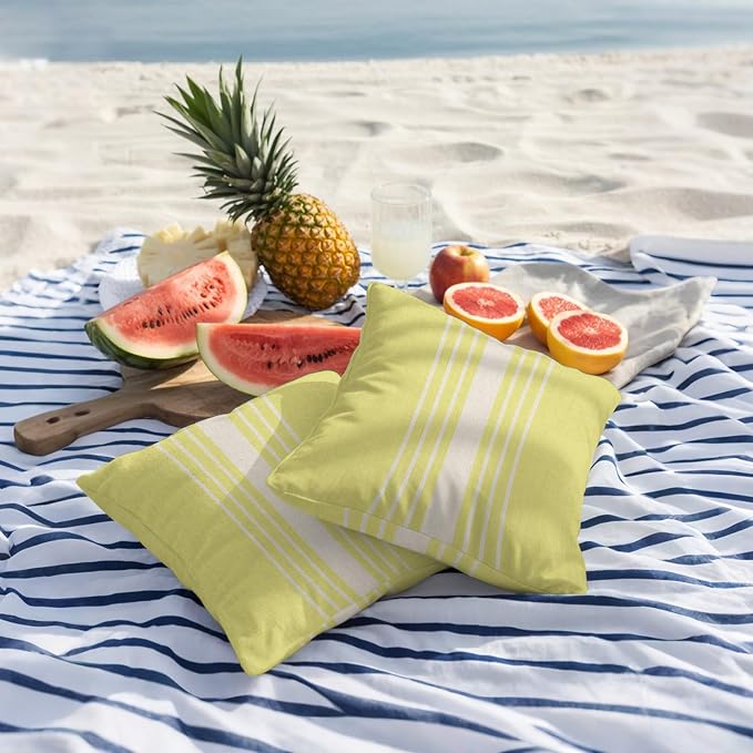 Yellow Beige Striped Outdoor Pillow Covers 18x18 Inch Throw Pillow Covers Set of 2 Waterproof Decorative Pillow Cases Modern Farmhouse Retro Lines Cushion Covers for Patio Furniture Garden Couch Sofa