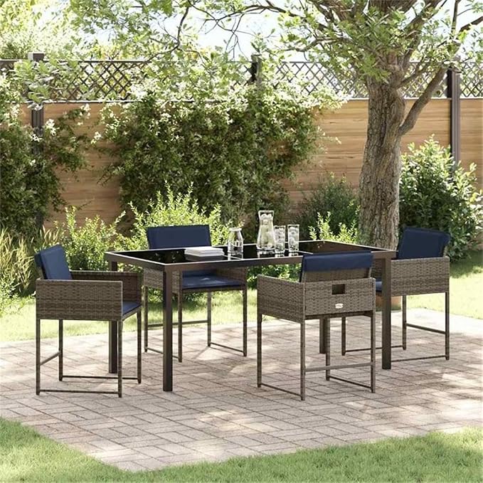 Afuera Living 5 Piece Poly Rattan Patio Dining Set, Gray Finish, Tempered Glass Tabletop, Weather-Resistant Cushions, Powder-Coated Steel Frame, Seating for 4, Modern Style Outdoor Furniture for
