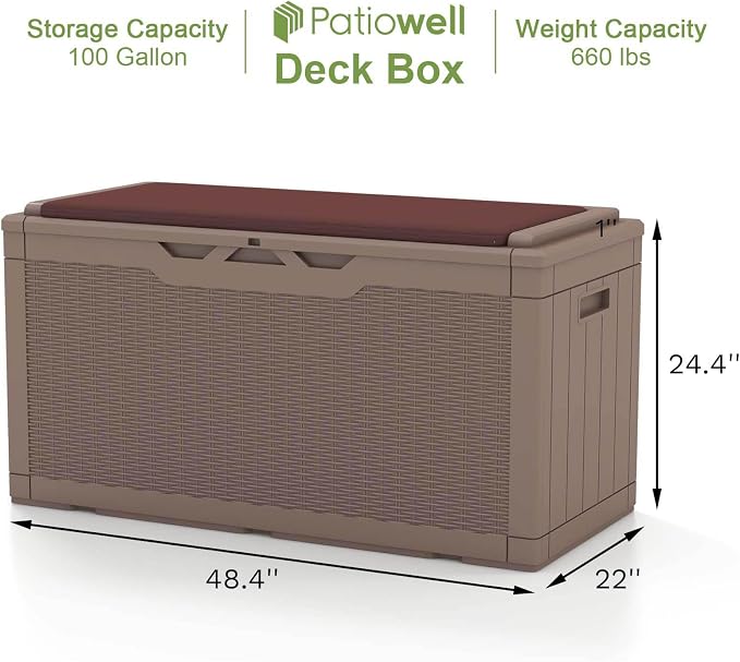 Patiowell 100 Gallon Resin Deck Box with cushion, Waterproof Large Outdoor Storage Box for Patio Furniture and Garden Tools, Dark Brown