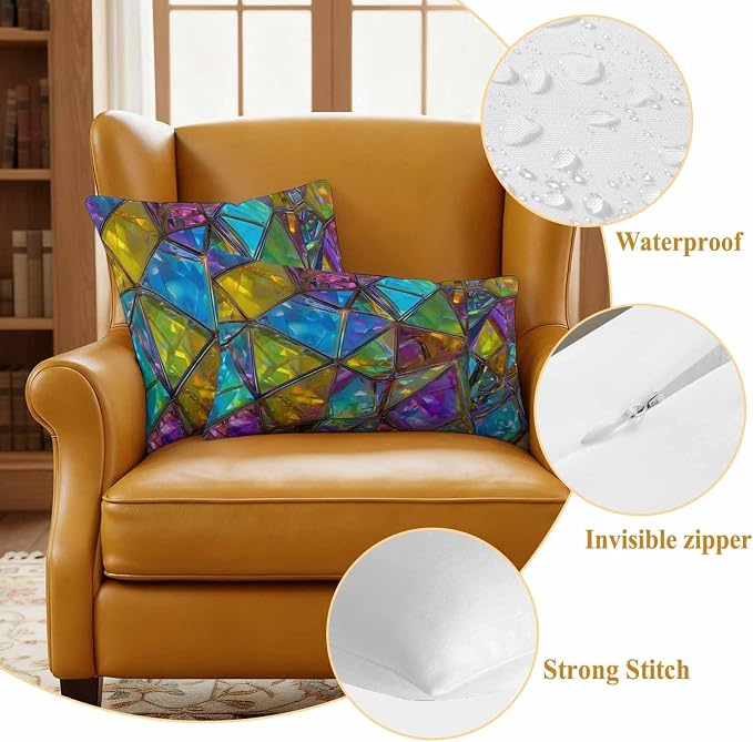 Abstract Geometric Outdoor Waterproof Pillow Covers Set of 2, Rainbow Gradient Crystal Color Blocks Modern Pillowcase Decorative Throw Cushion Cases for Patio Garden Couch 20 x 12 Inches