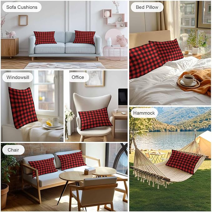 Outdoor Waterproof Throw Pillow Covers Set of 2 Red Buffalo Plaid Lumbar Pillowcases 20x12 Inches Pastoral Black Checked Decorative Pillows Cushion Case Patio Pillows for Couch Bed Chair Garden