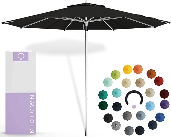 Midtown Umbrellas Push & Pop 10 Ft Patio Umbrellas with Push & Pop Mechanism, 8 Fiberglass Ribs & Sunbrella Fabric – Outdoor Umbrella for Deck, Pool, Cafés and Hotels – Black Canopy, Silver Pole