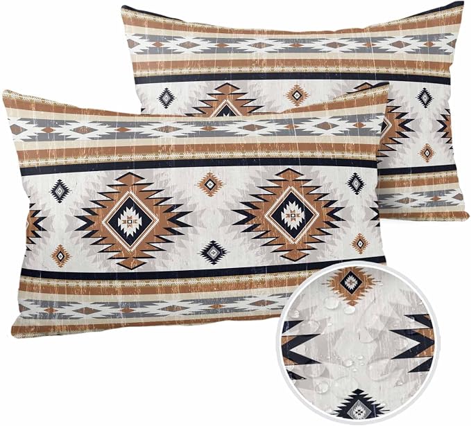 Outdoor Waterproof Throw Pillow Covers Set of 2 Orange Boho Aztec Lumbar Pillowcases 20x12 Inches Southwest Tribal Geometric Patio Decorative Pillows Cushion Case Patio Pillows for Couch Bed Garden
