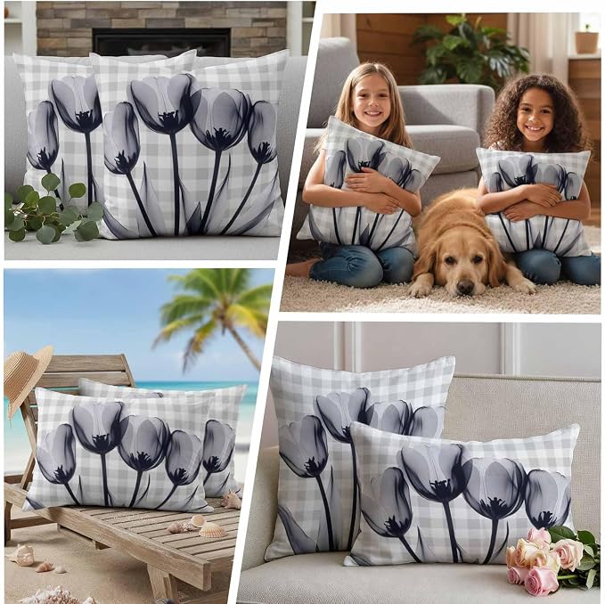 Grey Tulip Waterproof Outdoor Pillow Covers Set of 2 Home Decor, Farmhouse Elegant Flowers Checkered Pillowcase Patio Pillow Covers for Couch Bench Furniture Garden 24x24in