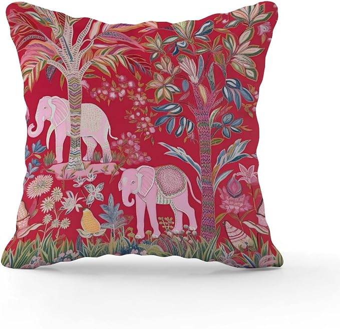 Animal Pink Chinoiserie Pillow Cover Thailand Elephant Jungle Throw Pillow Cover Classic Throw Pillow Covers Farmhouse Decorative for Patio Garden Couch Deck Chair 26x26 in