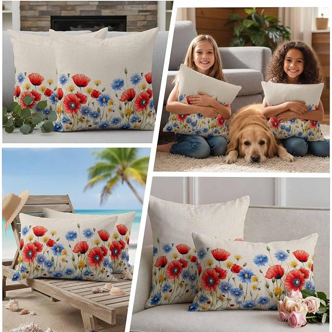 Red Flower Waterproof Outdoor Pillow Covers Set of 2 Home Decor, Blue Garden Blossom Floral Independence Day Pillowcase Patio Pillow Covers for Couch Bench Furniture Garden 20x12in