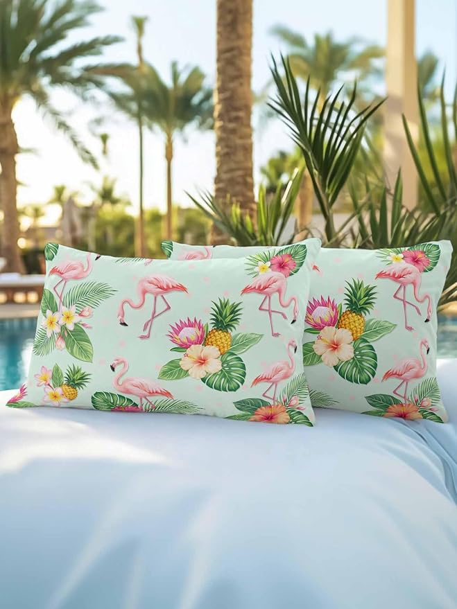 Outdoor Waterproof Throw Pillows 12x20in, Summer Flamingos Tropical Leaf Patio Pillows Pack of 2, Decorative Pillow Covers with Insert, Pillow Cushion Case for Garden Couch Sofa Pink Flower Pineapple