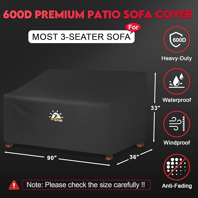 Zettum Patio Sofa Cover 90 Inch - 600D Outdoor Couch Cover Furniture Cover Waterproof & Heavy Duty, Large 3-Seater Bench Cover for Outside Sofa, Loveseat, Couch, Glider and Bench - 90 x 36 x 33 Inch