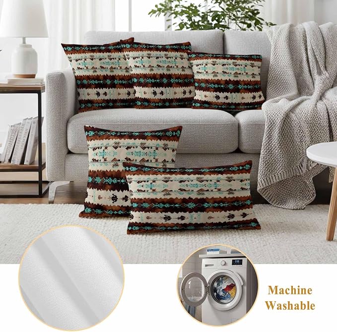 Western Aztec Outdoor Pillow Covers 26"x26" Set of 2, Brown Turquoise Tribal Ethnic Geometric Waterproof Throw Pillow Covers for Patio Furniture, Decorative Cushion Covers for Porch