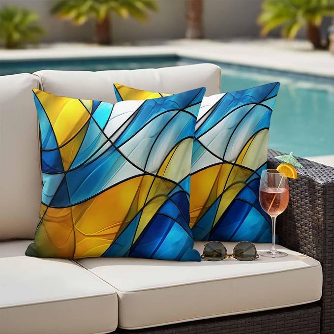 Abstract Art Outdoor Waterproof Pillow Covers Set of 2, Blue Yellow Gradient Wavy Lines Geometric Modern Pillowcase Decorative Throw Cushion Cases for Patio Garden Couch 26 x 26 Inches
