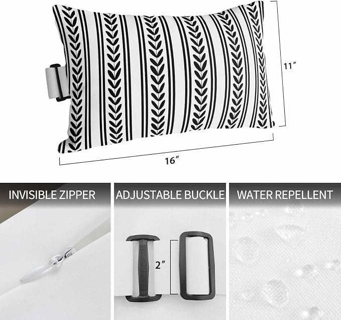 1PCS Outdoor Pillow for Chaise Lounge Chair Geometric White Black Leaves Stripe Waterproof Headrest Cushion with Insert Modern Ethnic Texture Lumbar Pillow for Beach Patio Poolside Office,11x16in
