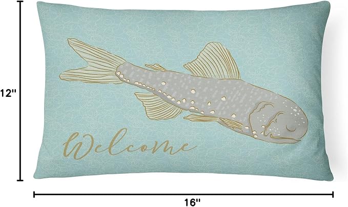Caroline's Treasures BB8550PW1216 Fish Welcome Canvas Fabric Decorative Pillow Machine Washable, Indoor Outdoor Decorative Pillow for Couch, Bed or Patio, 12HX16W