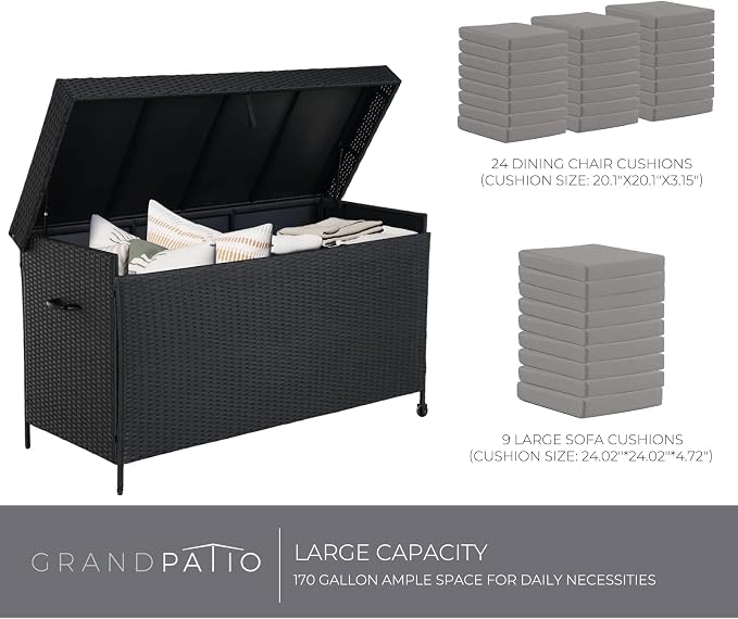 Grand 170 Gallon Deck Storage Bin - Outdoor/Indoor Wicker Storage for Patio Furniture Cushions, Garden Tools, Pool Accessories - Black
