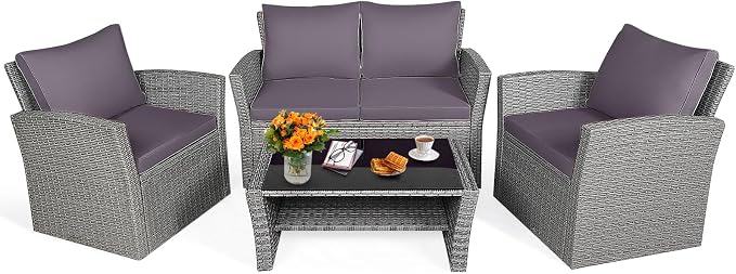 HAPPYGRILL 4PCS Patio Rattan Furniture Set Outdoor Conversation Set with Cushions and Coffee Table, Sectional Wicker Sofa Set for Garden Porch Balcony Poolside