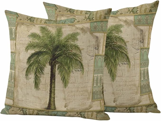 Summer Palm Trees Outdoor Pillow Covers 18"x18" Set of 2, Vintage Brown Tropical Leaves Boho Texture Waterproof Throw Pillow Covers for Patio Furniture, Decorative Cushion Covers for Porch