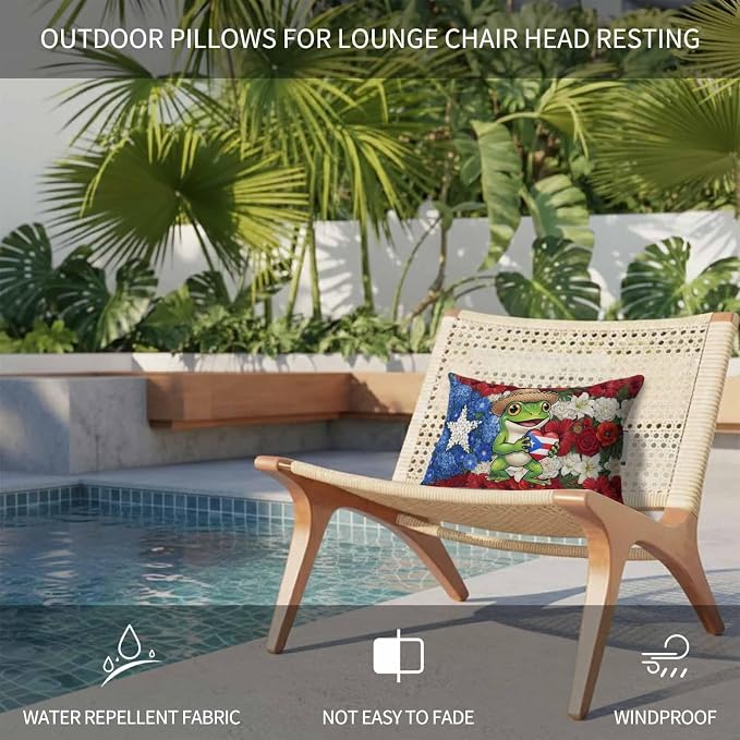 Outdoor Chair Pillow Headrest for Patio Pool Chaise Lounge, Funny Frog Recliner Head Pillow, Farmhouse Red Blue Floral Puerto Rico Flag Waterproof Pillowcases Neck Lumbar Pillows & Insert 11x16x1