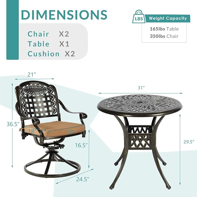MEETWARM 3-Piece Outdoor Patio Dining Set, All-Weather Cast Aluminum Patio Conversation Set with 2 Cushions Swivel Rocker Chairs and 31" Round Table for Backyard Garden Deck, 2.2" Umbrella Hole
