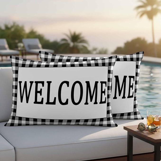 Welcome Black Outdoor Pillow Covers Set of 2 White Buffalo Check Plaid Waterproof Throw Pillow Cover Decorative Cushion Cases for Patio Porch Garden 20X12 Inch