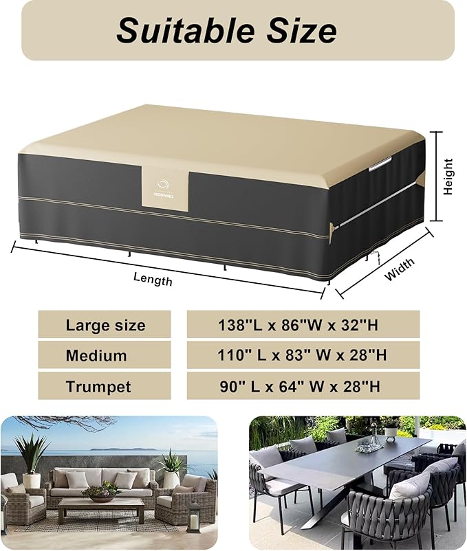 Heavy Duty Waterproof Outdoor Patio Furniture Covers - All Weather Protection for Sectional Sofa, Dining Table & Chair Set, Protector Cover (Beige & Black, Rectangular-90" L x 64" W x 28"H)