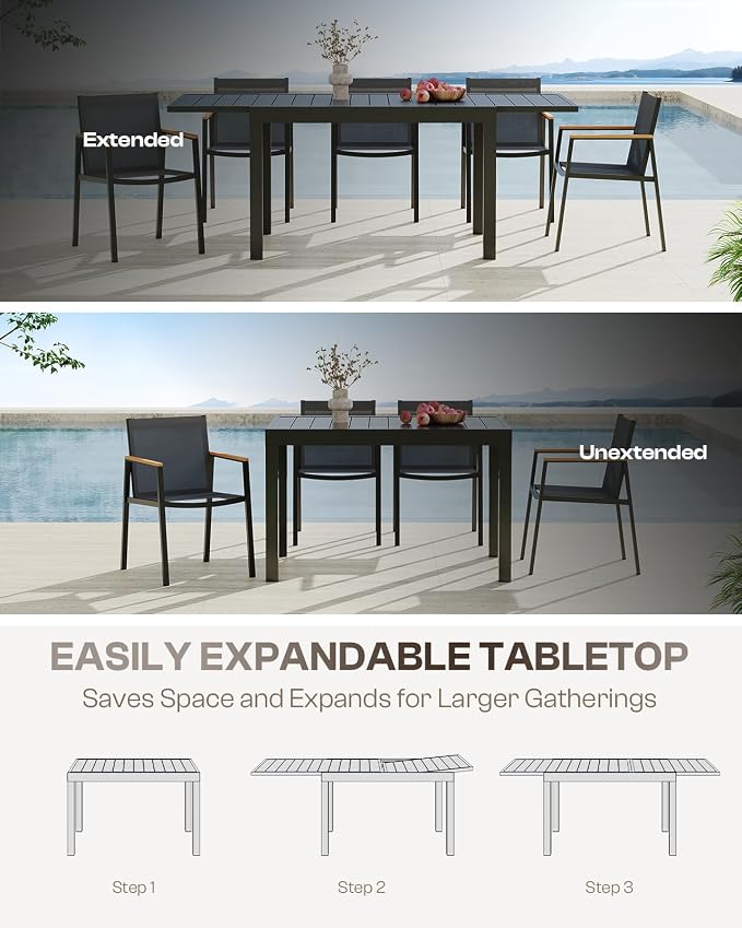 Aluminum Outdoor Patio Dining Table Set for 8 Person, Expandable Outdoor Table and 8 Chairs with Textilene Fabric & HDPS Armrest, All-Weather Patio Furniture Set for Yard, Deck, Gray