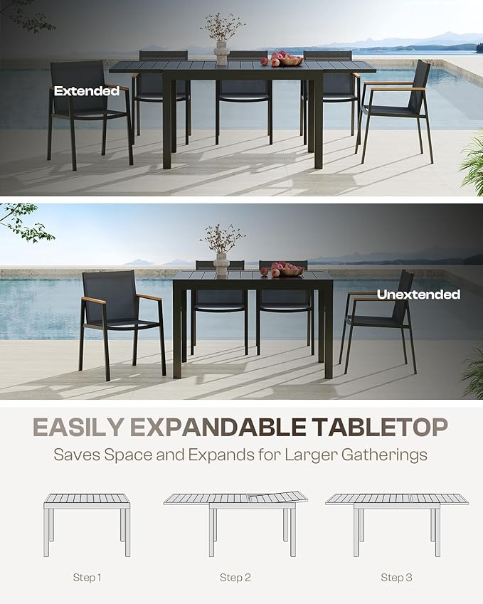 Outdoor Aluminum Patio Dining Table Set for 8 Person, Expandable Outdoor Table and 8 Chairs with Textilene Fabric & HDPS Armrest, All-Weather Patio Furniture Set for Yard, Deck, Gray