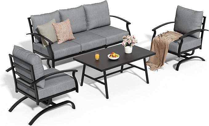Metal Patio Furniture Set, 4 Piece Outdoor Sectional Conversation Sofa Set, 3-Seat Sofa w/2 Single Sofas and Coffee Table, Garden, Porch, Balcony, Deck, Grey