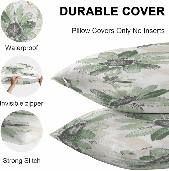 Vandarllin Outdoor Throw Pillows Covers 20x12 inch Set of 2 Waterproof Green Sunflower Decorative Zippered Cushion Covers for Patio Furniture, Floral Field Lumbar Pillowcases