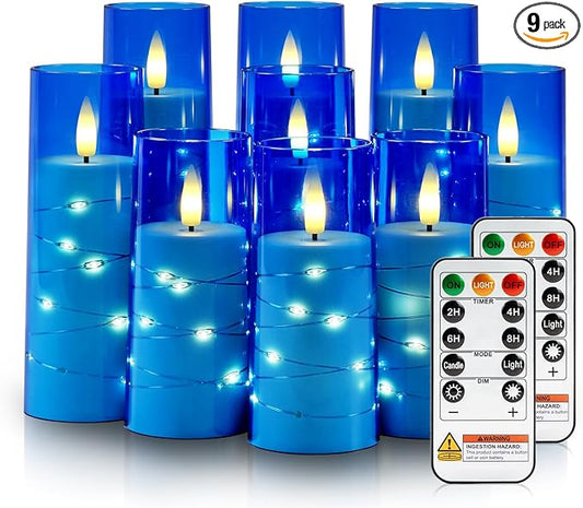 Raycare Flameless Candle with Remote Timer – 9 Flickering Acrylic Battery Operated LED Pillar Candles with Embedded Star String for Christmas, Home Decor, and as a Gift (Blue)