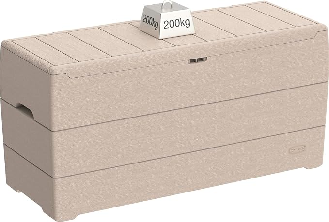 Duramax Cedargrain Durabox 270 Litre/ 71 Gallons plastic storage box, Outdoor Deck Garden Furniture Organizer, Lockable Lid, Plastic Cushion Box with Wheels and Handles, Patio Box, Warm Taupe
