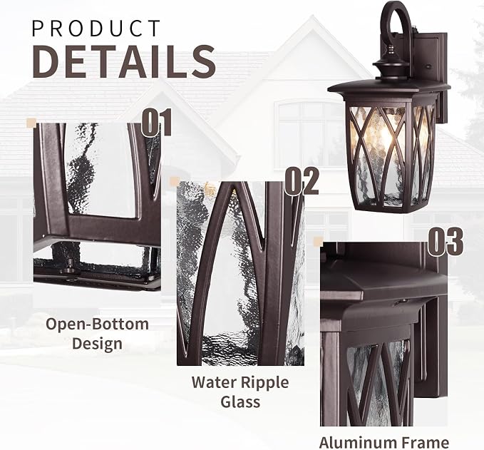 Dusk to Dawn Outdoor Wall Light Fixtures,18'' Outdoor Porch Sconces Lighting , Waterproof Wall Lanterns with E26 Sockets & Water Ripple Glass, Modern Oil Rubbed Bronze Outside Lights for Patio, Garage