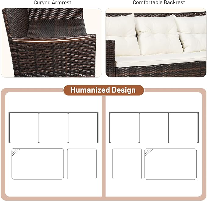 RELAX4LIFE 3 Pieces Patio Furniture Sectional Set, Rattan Wicker Conversation W/ 5 Cozy Seat & Back Cushions, Tempered Glass Coffee Table for Poolside, Balcony Outdoor Furniture (Beige+Brown)